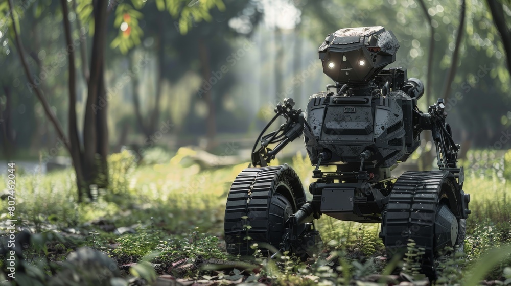 Realistic depiction of a SWAT robot training outdoors, focusing closely on the technology and environment interaction during the day Realistic depiction of a SWAT robot training outdoors, focusing closely on the technology and environment interaction during the day