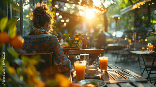 Relaxing Lunch Break: Individual Enjoying Outdoor Seating and Delicious Meal in Afternoon Sunlight - Photo Realistic © Gohgah