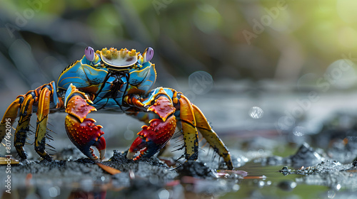 Fascinating Photo realistic Image of Mangrove Fiddler Crabs Signaling with Claws in the Stunning Mangrove Forest - Conceptual portrayal of Fiddler crabs displaying intricate claw signals for communica