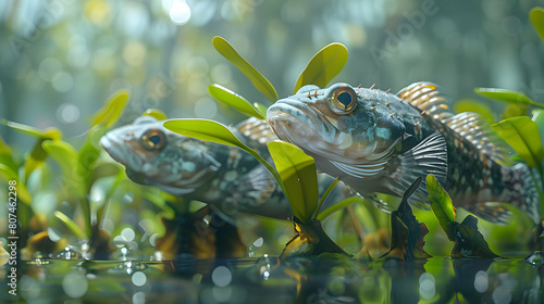 Unique Adaptations in the Mangrove Ecosystem: Mudskippers Feeding on Mangrove Leaves in a Photorealistic Style