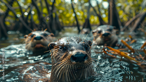 Playful Family of Otters Swimming in the Mangrove Forest: A Photo Realistic Representation of Rich Biodiversity photo
