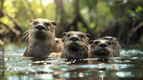 Playful Otters in Mangrove Forest: Picturing the Rich Biodiversity and Delightful Behavior of a Family of Otters Swimming Near Mangrove Trees photo