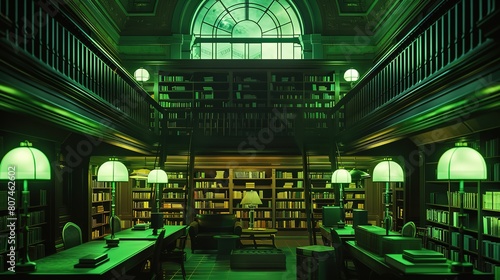 Attractive Old two-stories library interior during night illuminated by green desklamps photo