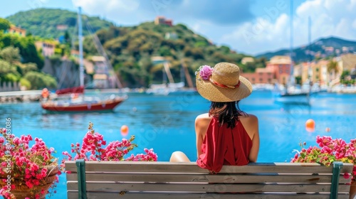 Lifestyle woman in red sitting on bench