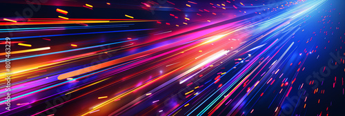 abstract background with colorful light streaks and lines on dark blue, red, purple and orange colors, generative AI