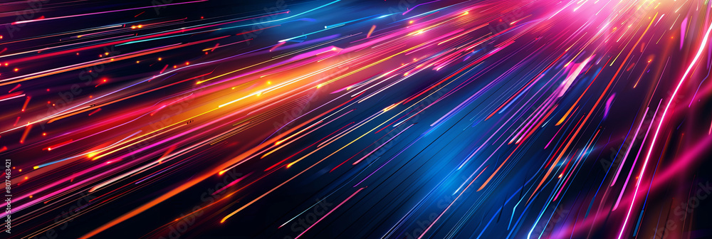 Fototapeta premium abstract background with colorful light streaks and lines on dark blue, red, purple and orange colors, generative AI