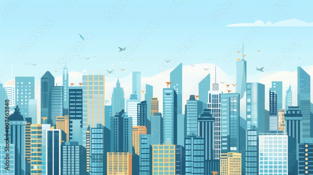 Minimalist Modern City BusinessBackdrop: Sequential Flat Buildings, Busy Streets, Clean Lines, Fresh Blue Sky, Abstract Elements Fusion