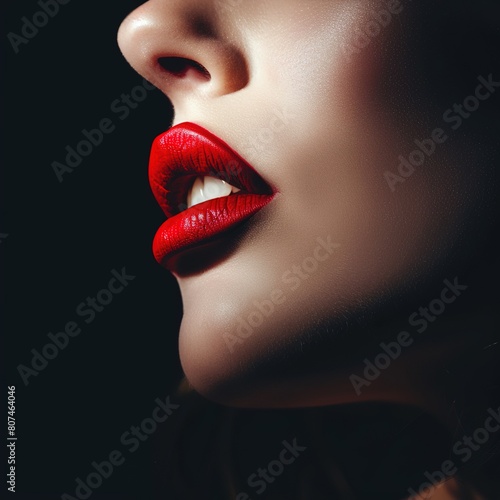 Beautiful feminine defined lips with deep red lipstick, black and white woman. filler treatment, lip contouring, labiaplasty, micropigmentation, microblading. aesthetic treatments photo
