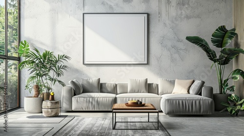 A modern living white room with a gray sofa, coffee table, and blank poster on the wall in a bright interior, 