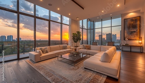 Modern living room with panoramic sunset views and minimalist decor