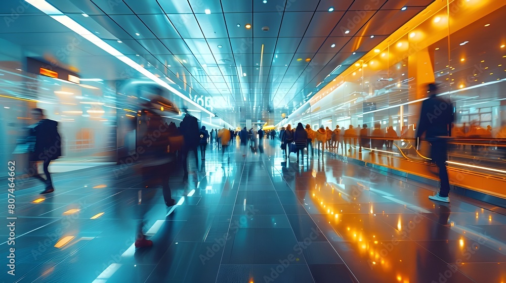 Fotografie Motion blur business people walking station background, crowd at modern busy stylish shopping centre or airport, timelapse trendy architecture urban city landscape, 3d digital art banner wallpaper