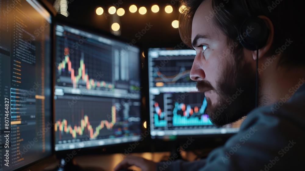 A businessman is looking at a computer screen with a stock trading report A businessman is looking at a computer screen with a stock trading report