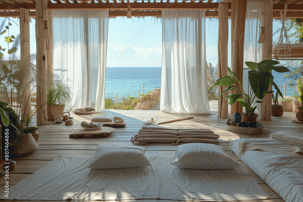 Obraz premium Curate a seaside wellness retreat, offering holistic therapies, mindfulness workshops, and beachside relaxation sessions 
