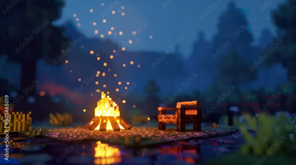 Campfire scene from viewing angle, ground level, main screen of game, cubes