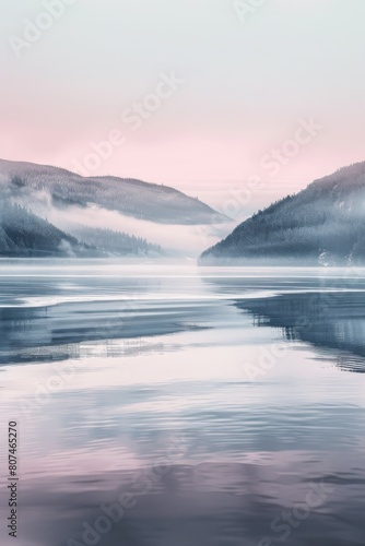 Serene pink and navy abstract landscape with misty fog, minimalist design perfect for desktop wallpaper, embodying a gladness vibe. © Thor.PJ