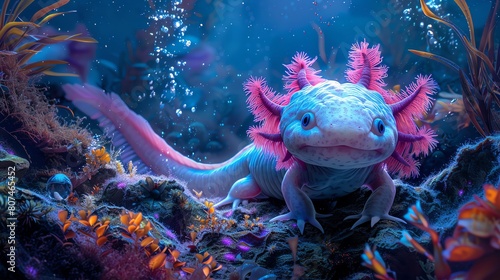Axolotl in a glowing fluorescent underwater habitat, enchanting and otherworldly aquatic scene