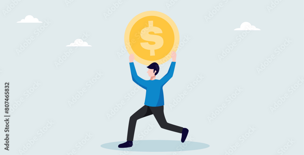 a businessman is carrying money coins, concept of working hard to gain success a businessman is carrying money coins, concept of working hard to gain success
