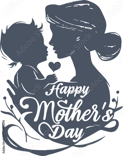 Silhouette of a mother and child touching noses affectionately, with the child holding a small heart and encircled by floral designs and the text 