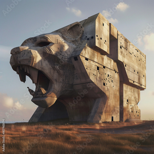 An artwork featuring a massive brutalist concrete building designed in the shape of an angry panther, adorned with bullet holes throughout its structure. Amazimg view of old scluptures and old concept photo