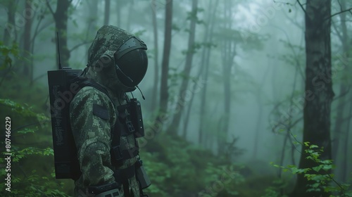 Robot disguised in a camouflage pattern exploring a foggy forest, merging technology with nature's mystery photo