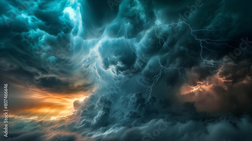Dramatic storm clouds with lightning in the sky. Sky background, nature background.
