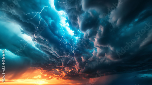 Dramatic storm clouds with lightning in the sky. Sky background, nature background.