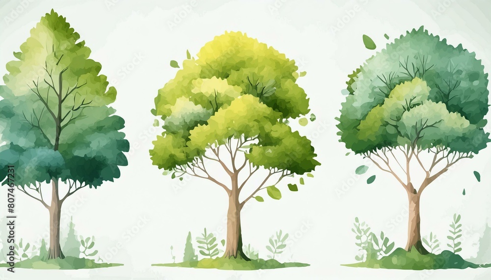 Fototapeta premium tree watercolor vector illustration, Minimal style tree painting hand drawn, Side view, set of graphics trees elements drawing for architecture and landscape design. Tropical
