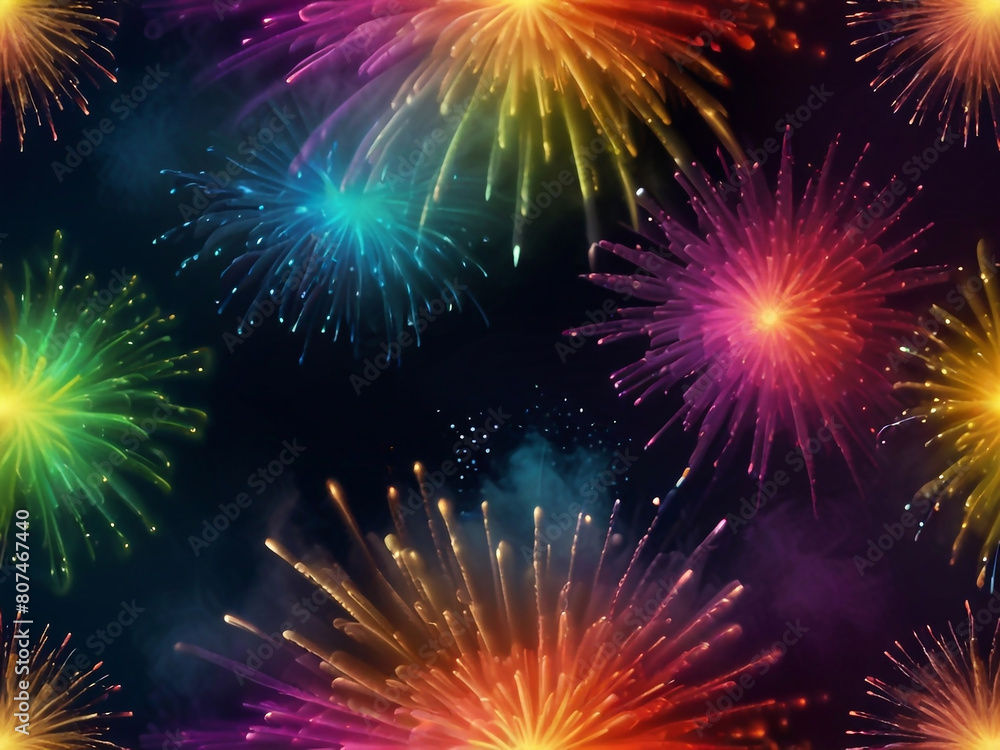 Fototapeta premium Colorful vibrant glittering fireworks Background with glow smoke and confetti banner ai generative