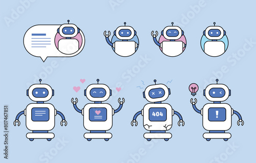 A cute robot character with various facial expressions and movements. Chatbot icon for consultation. Illustration with outline.