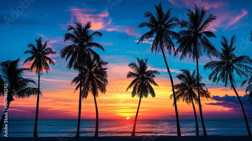 Silhouette of palm trees at sunset photo