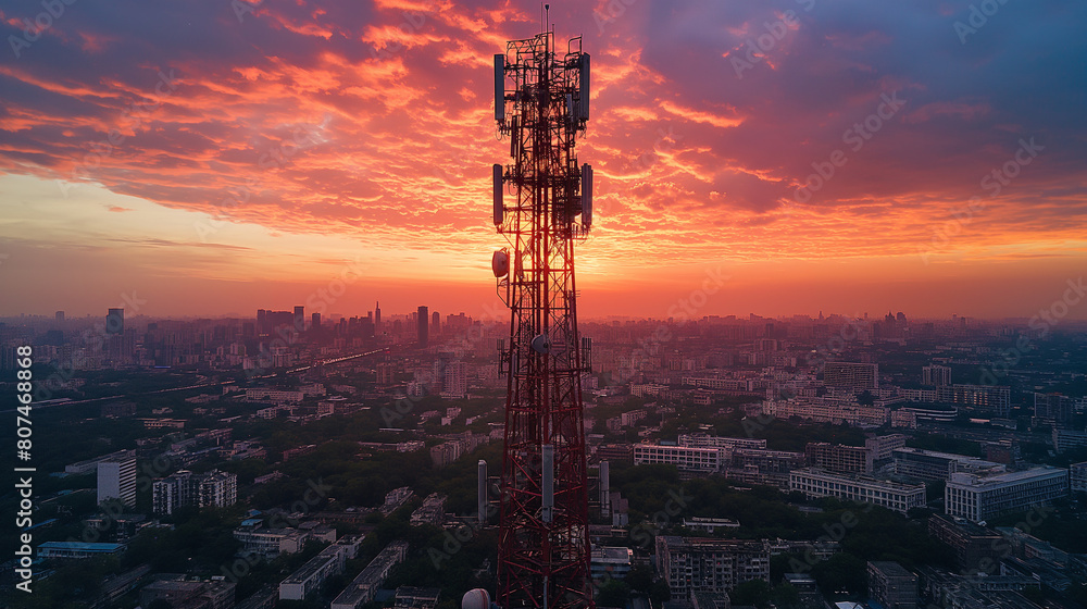Signal tower or Mobile phone tower .Telecommunication tower with 5G cellular network . Glbal connection and internet network concept.on city background.