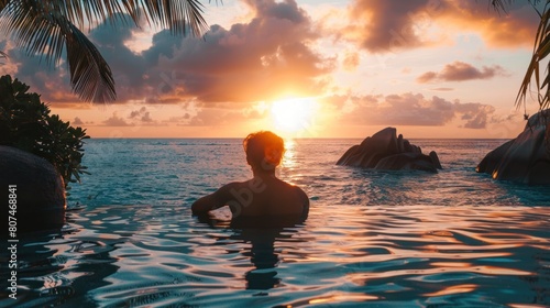 Luxury swimming pool in tropical resort, relaxing holidays in Seychelles islands.