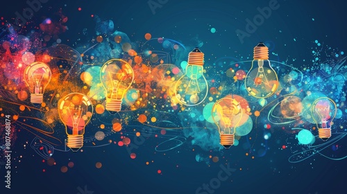 Abstract background with scattered light bulbs and creative icons, representing a burst of innovative ideas.