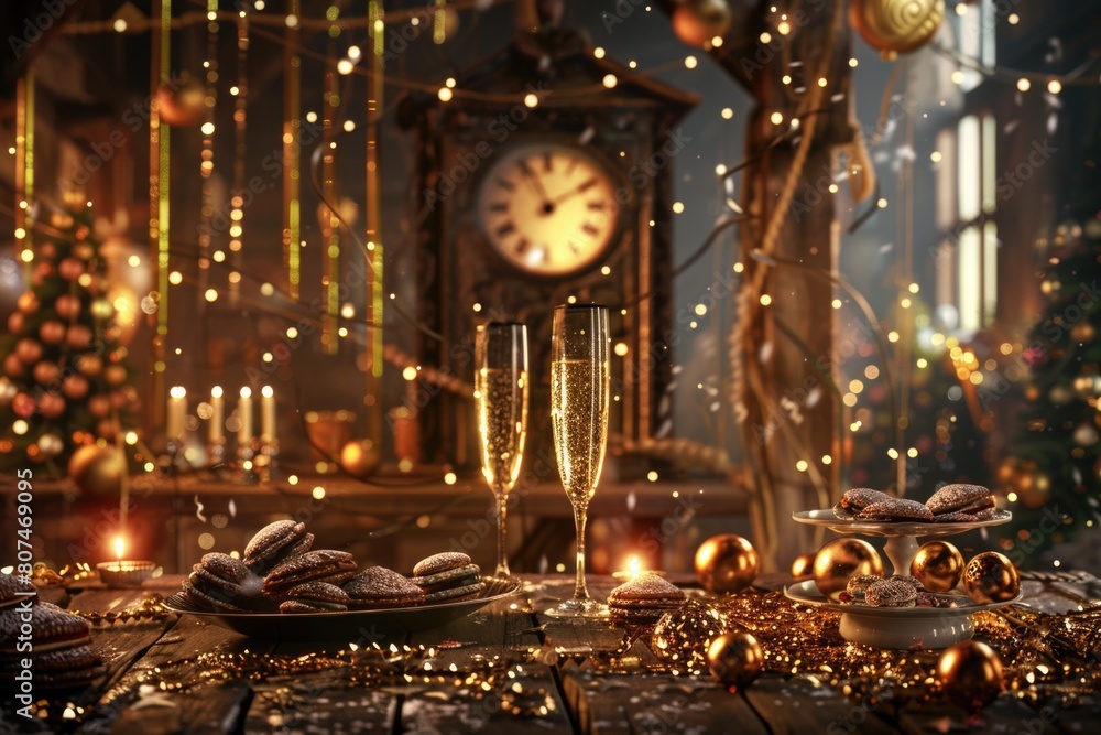 Obraz premium Festive New Year's Eve setting with antique clock nearing midnight, champagne flutes, and sparkling decorations