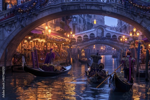 Venetian Gondolas Adorned with Luxurious Decorations at Twilight During Carnival of Venice © P