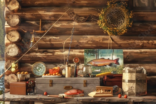 Fishing Day Celebration with Gear and Freshly Caught Fish on a Rustic Wooden Surface