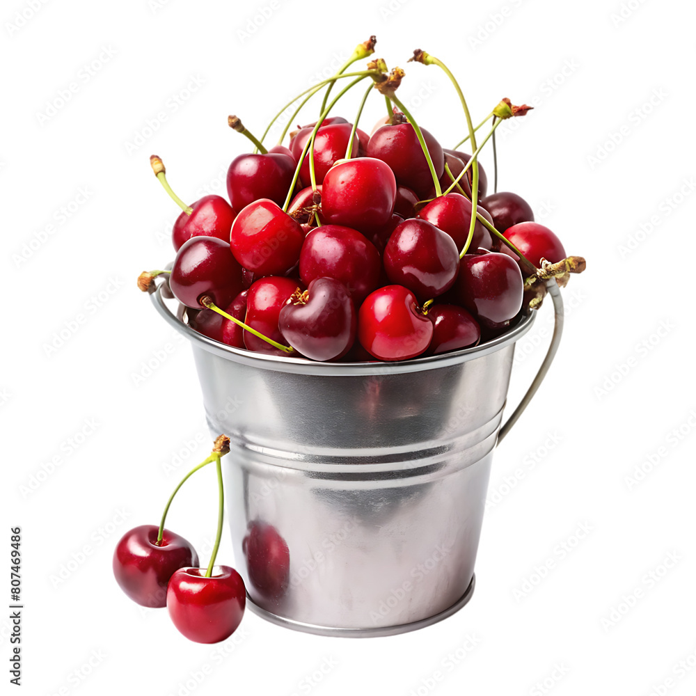 Three close up cherries in an iron cup on a blue transparent background a healthy and refreshing summer fruit