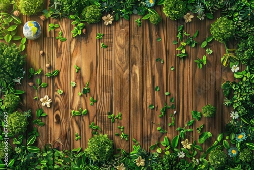 Earth Day Celebration Display with Trees  Wildlife  and Conservation Efforts on a Wooden Background