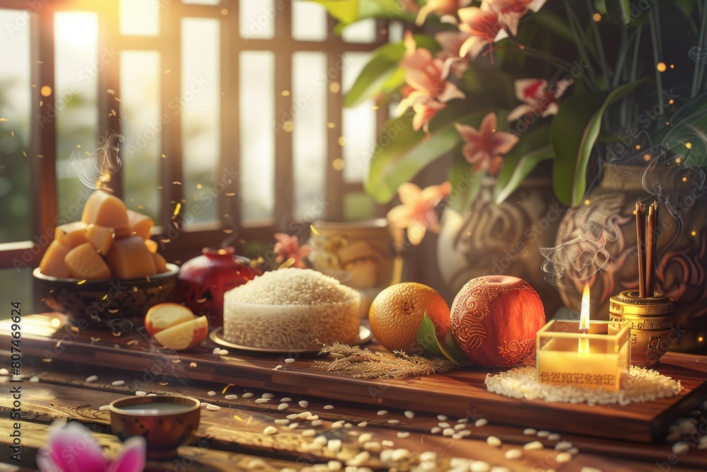 Zhongxiao Jie setup with rice cakes, fruits, flowers, and incense, reflecting ancestral worship and nature. Zhongxiao Jie setup with rice cakes, fruits, flowers, and incense, reflecting ancestral worship and nature.