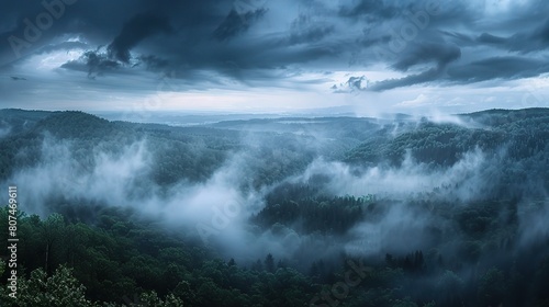 dark clouds obscuring the horizon, with rain pouring down in sheets and creating a misty veil over the landscape below