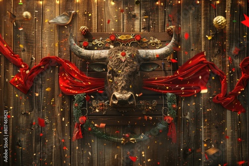 San Fermin festival display with red scarves, traditional white clothing, and bull running symbol on wooden background photo