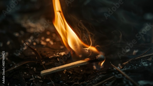 wooden match burning in flames on black background generative ai