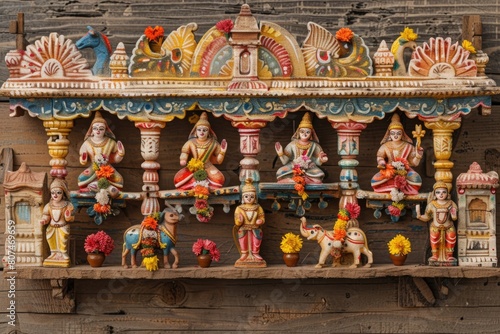 Rath Yatra festival scene with colorful chariots and worshippers on a wooden background