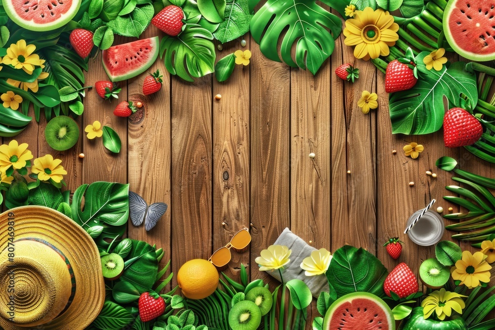 Summer scene on a wooden background with bright sun, lush greenery, and colorful blooms Summer scene on a wooden background with bright sun, lush greenery, and colorful blooms