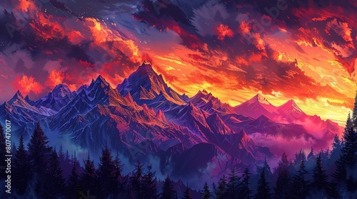 sunset mountainscape, with rugged peaks silhouetted against a fiery sky ablaze with hues of orange photo