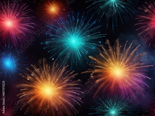 Colorful vibrant glittering fireworks Background with glow smoke and confetti banner ai generative © Desinger