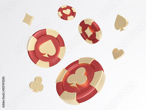 Diamonds, clubs, hearts, spades chips. Gold and red chips poker chips. Poker card symbols, isolated on white background. Casino game.