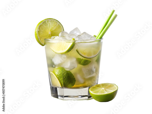 A glass of ice water with lime and mint leaves