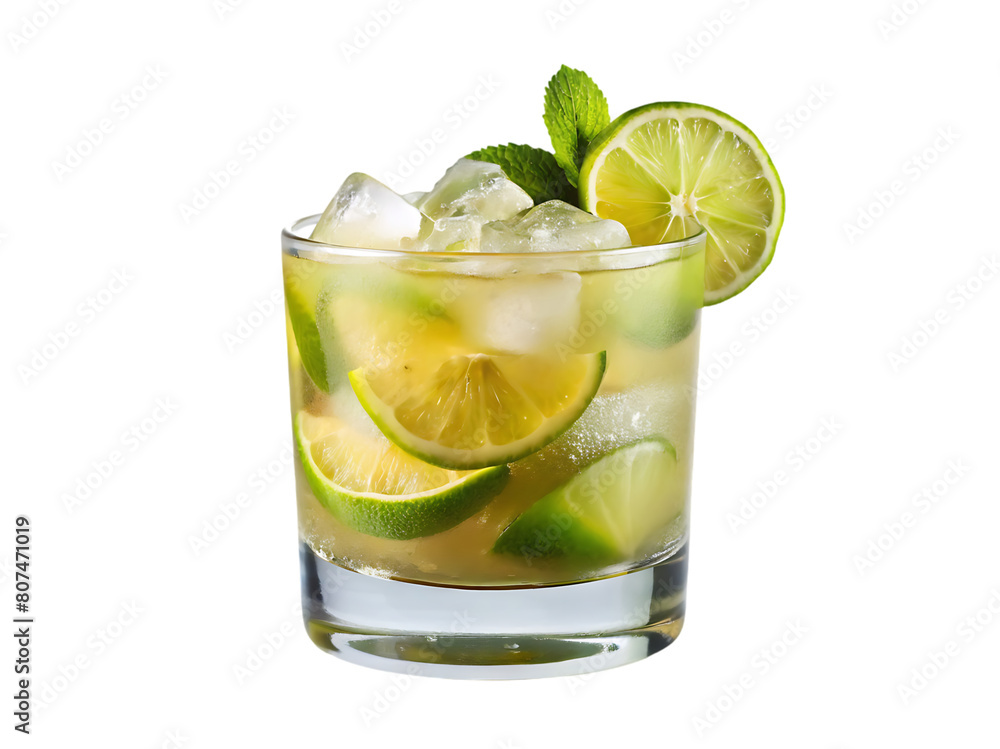 A glass of ice water with lime and mint leaves A glass of ice water with lime and mint leaves