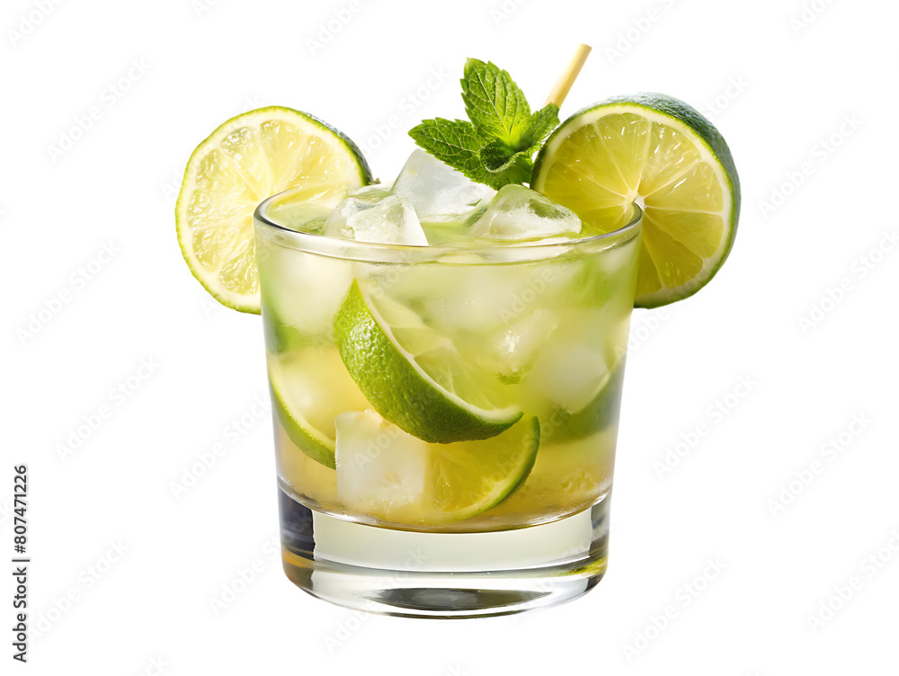 A glass of ice water with lime and mint leaves A glass of ice water with lime and mint leaves